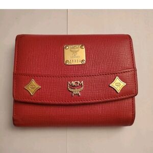 MCM Scarlet Leather Wallet with Gold Accents